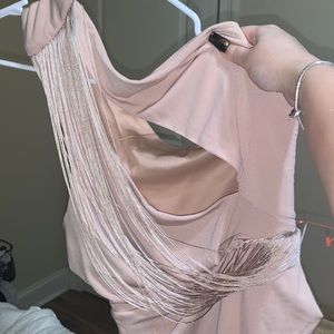 ASOS DESIGN one shoulder fringe midi dress in stone